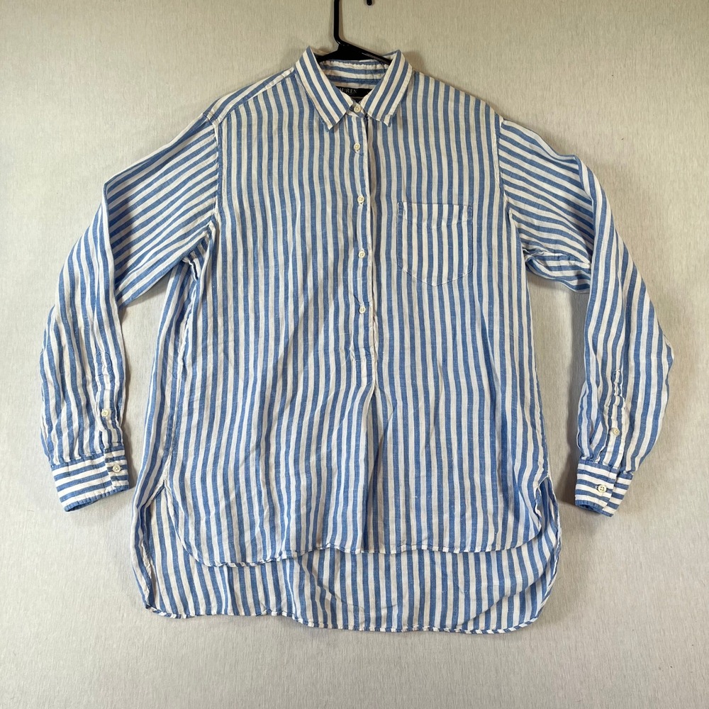 Lauren Ralph Lauren 100% Linen Shirt Women L Blue White Faux-Button
